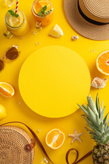 Dive into a world of summer bliss with enticing cocktail drinks. This top vertical view flat lay...
