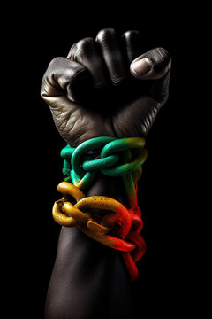 Generative AI illustration of raised clench fist of black person with colored chain wrapped around the wrist protesting for rights on green background