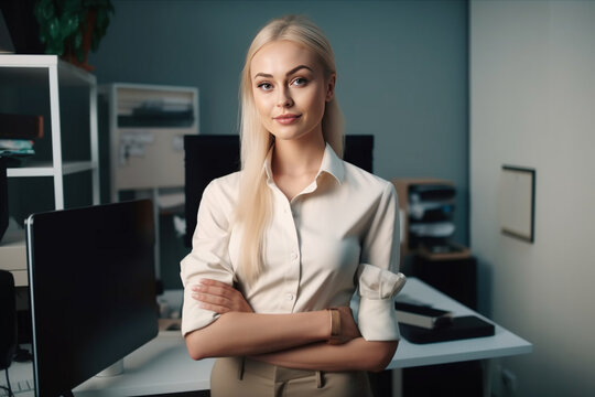 Generative AI illustration of smiling blond female manager in elegant shirt with crossed arms looking at camera while standing against office room