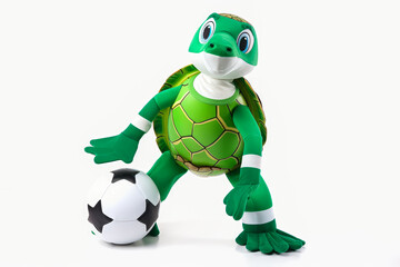Obraz premium Mascot turtle playing soccer with energy on white background, wearing jersey and skillfully kicking football, perfect for marketing campaigns. Generative AI