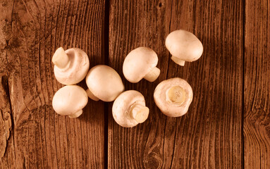 Mehrere Champignons auf Holzfond