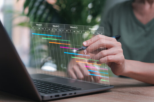 Business work planning and management concept, Women use laptops for project management progress planning with augmented reality Gantt chart scheduling on virtual screen, marketing grown work plan
