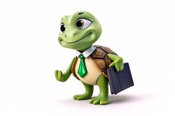 Captivating mascot of a businesswoman green turtle with stylish suit, holding a briefcase on a clean white background. Boosts emotion & marketing appeal! Generative AI