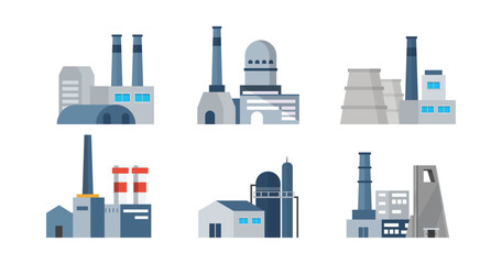 Set of power stations and plants for energy generation. Different types of factory buildings of heavy industry, generating electricity.