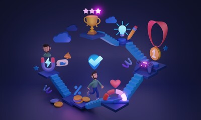 Gamified loyalty program stages with bonuses and development 3D illustration. Marketing engagement campaign to make user collect points, benefits and score for gifts and motivational rewards.