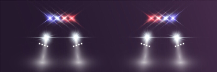 Realistic white glow round beams of car headlights, isolated on transparent background. Police car. Light from headlights. Police patrol.	

