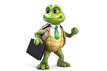 Obraz premium Captivating mascot of a green turtle businesswoman in suit with briefcase on white background, exuding confidence and success. Perfect for marketing and conveying emotions. Generative AI