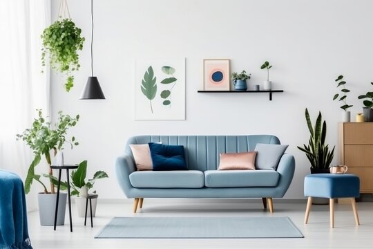 Contemporary Interior with Blue Sofa and Curtains. Generative AI