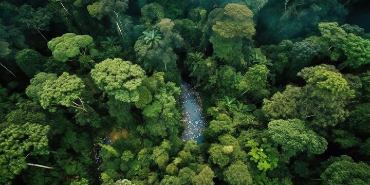 Beautiful bird's - eye view of the rainforest. Aerial view. Panoramic shot