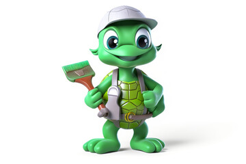 Obraz premium Captivating green turtle mascot with tool belt and trowel, showcasing its skilled craftsmanship on a pristine white background. Evoke emotions and inspire projects! Generative AI