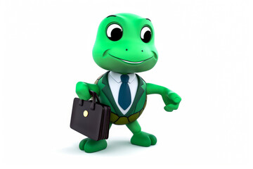Fototapeta na wymiar Captivating green business turtle mascot, dressed in a tailored suit with shell, confidently holds briefcase on white background. Inspiring work success and strength. Generative AI