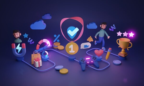 Gamified loyalty program with participant personalized rewards 3D illustration. Marketing engagement strategy with benefits and prizes for user motivation. Get points and gifts for playing competition