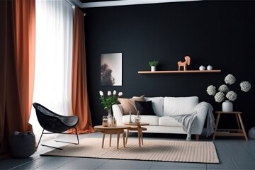 Contemporary Interior with White Sofa and Curtains. Generative AI