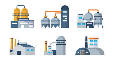 Industrial factory buildings set. Industrial buildings with pipes, power station, thermal nuclear power plants, different manufacturing, factory with storage tanks for oil.