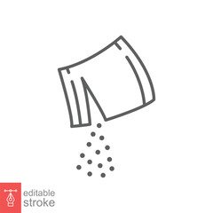 Packet soluble powder icon. Simple outline style. Open paper sachet, tear, pour, water, sugar, food concept. Thin line symbol. Vector illustration isolated on white background. Editable stroke EPS 10.