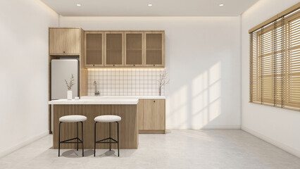Modern japan style kitchen room decorated with kitchen cabinet and kitchen counter, white wall and polished floor. 3d rendering