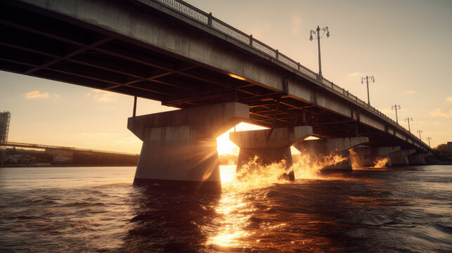 Generative AI image of scenery of long bridge with light poles connecting distant blurred city over rippling sea during sunset against cloudy sky