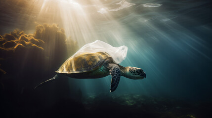 Generative AI illustration of wild sea turtle in transparent plastic bag swimming underwater representing concept of environmental pollution