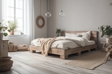 Fototapeta na wymiar Beautiful cozy scandinavian bedroom with wooden frame bad abd interior decorations. Generative Ai