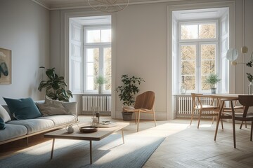 Beautiful interior, scandinavian style decoration with large windows, bright daylight. Generative Ai
