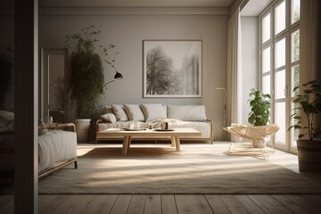 Beautiful interior, scandinavian style decoration with large windows, bright daylight. Generative Ai