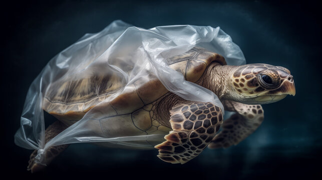 Generative AI illustration of wild sea turtle in transparent plastic bag swimming underwater representing concept of environmental pollution