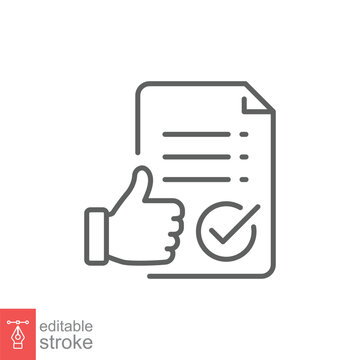 Approval document icon. Simple outline style. Thumb up, authorize agreement, license check, legal concept. Thin line symbol. Vector illustration isolated on white background. Editable stroke EPS 10.