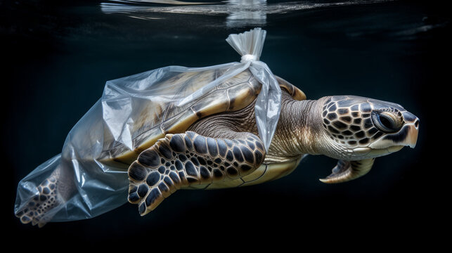 Generative AI illustration of wild sea turtle in transparent plastic bag swimming underwater representing concept of environmental pollution
