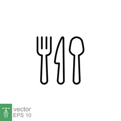Cutlery icon. Simple outline style. Spoon, forks, knife, plate, silverware, tableware, restaurant business concept. Thin line symbol. Vector illustration isolated on white background. EPS 10.