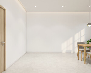 Modern japan style empty room decorated with dining table set and hanging lamp, white wall and polished floor. 3d rendering
