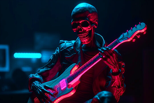 A skeleton rocker or punk plays bass guitar. Neon Generative AI illustration.