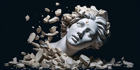 Broken ancient greek statue woman head falling in pieces