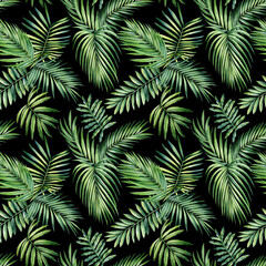 Fototapeta na wymiar Jungle palm leaves. Tropical background, seamless pattern. Flora painting watercolor