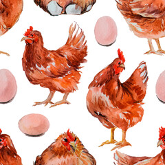Seamless pattern with watercolor hens, eggs, feathers. Hand drawn illustration is isolated on white. Chicken ornament is perfect for agricultural design, rural wallpaper, background, fabric textile