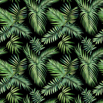 Jungle palm leaves. Tropical background, seamless pattern. Flora painting watercolor