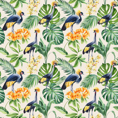 Bird, Palm leaves and flower. Tropical background, seamless pattern. Flora painting watercolor. Crane birds