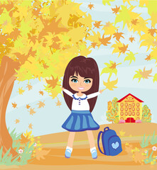 happy little girl going back to school in autumn - 609969515