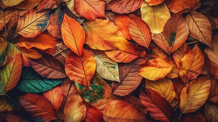 autumn background with pattern texture of fallen dry orange leaves on ground. Generative AI