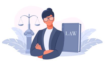 Business woman in a suit lawyer, advocate, judge, notary. Scales and the book of the law. The concept court and justice, legal services of a lawyer, notary. Vector illustration. - obrazy, fototapety, plakaty
