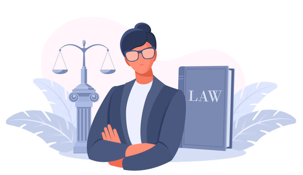 Business woman in a suit lawyer, advocate, judge, notary. Scales and the book of the law. The concept court and justice, legal services of a lawyer, notary. Vector illustration.