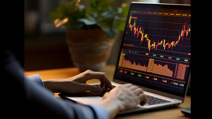 Finance trade manager analyzing stock market indicators for best investment strategy, financial data and charts. Only hands is visible