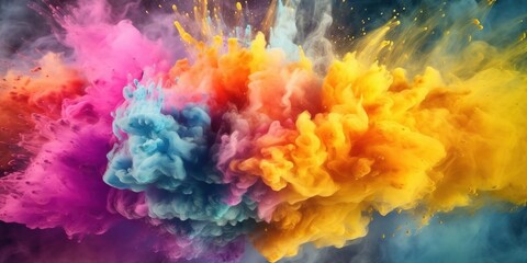 Colored powder explosion. Abstract closeup dust on backdrop. Colorful explode.