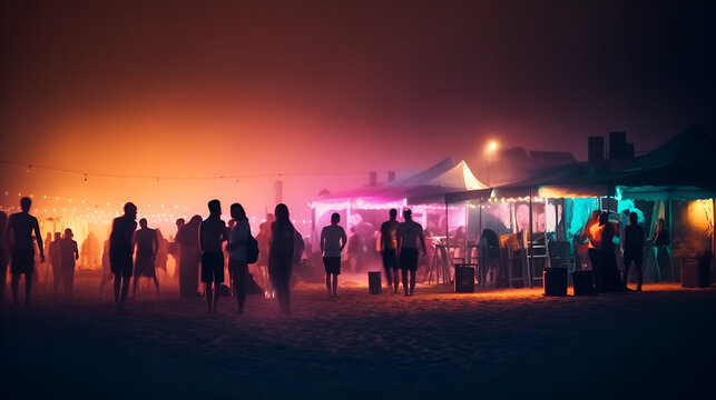 Party beach. Blurred people having night beach party in summer vacation. Bokeh People have fun at sunset on a beach. Concept of nightlife with cocktails and music entertainment
