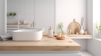 Naklejka na ściany i meble White bathroom interior. Empty wooden table top for product display with blurred bathroom interior background