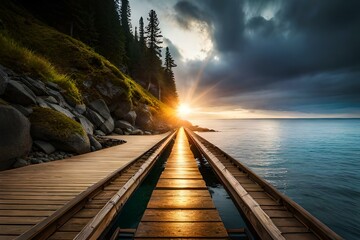 Naklejka premium pier at sunset by AI generating