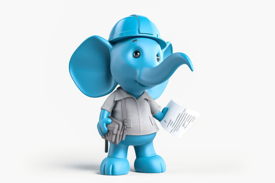 This architect's elephant mascot, wearing a helmet and holding plans, blends into the white background. A perfect illustration for a punctual, elegant presentation. Generative AI