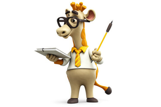 A professor mascot giraffe against a white background, wearing glasses. Perfect for educational themes and adding a touch of fun. Generative AI