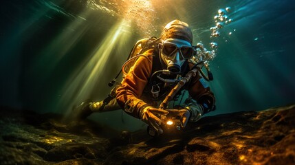 A fictional person.  Brave Underwater Welder Ready for Deep Descent