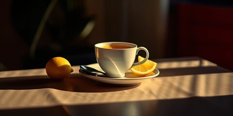 Empty cup for tea or coffee with lemon, morning light and shadow