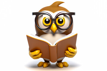 Mascot of an owl leaning against a white background, librarian wearing glasses and holding a book. Perfect for logo and studious creative use. Generative AI